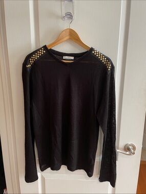 Versace Collection Black V-Neck Sweater with Gold Shoulder Studs